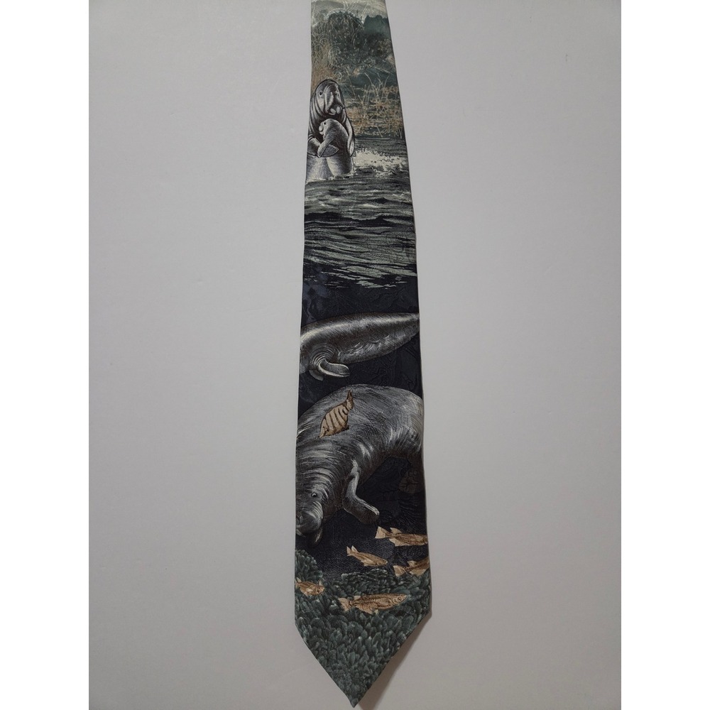 Endangered Species Mens Manatee Silk Tie Grey Black Animal Print Nature USA Made